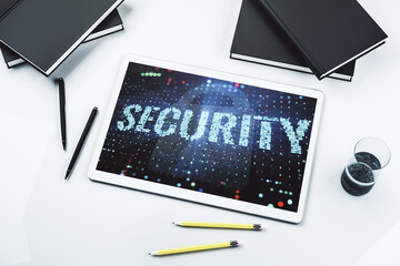 Cyber security creative concept on modern digital tablet monitor. Top view. 3D Rendering