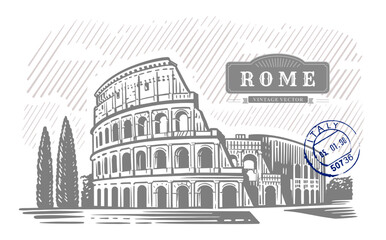 Coliseum in Italy. Hand drawn illustration. Rome. Famous historical landmark