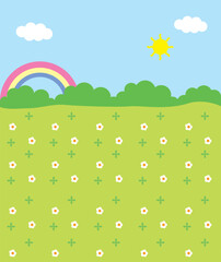 Spring landscape meadow with flower, sun, clouds and rainbow vector illustration