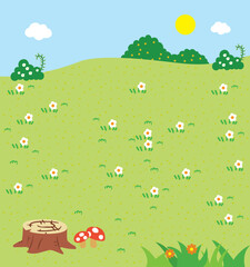 Spring landscape meadow with trees, flower, sun and clouds vector illustration
