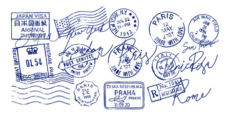 Passport Stamps travel city. Visa concept .Mail, post office. - 524057188