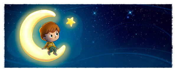 illustration of a boy sitting on the moon looking at a star - 524057326