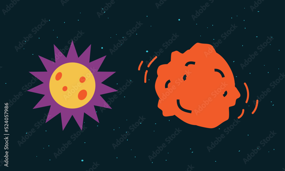 Poster outer space elements set. glowing sun and asteroid vector illustration on starry black background