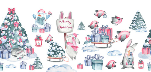 Christmas seamless border New Year tree, decorations, cute animals. Watercolor illustration on a white background. Festive seamless border with forest birds, Christmas toys, animals.
