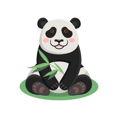 Panda mascot in vector. A cute teddy bear is sitting with a bamboo in his hands. Cartoon children's illustration for flyers, clothes, cards.