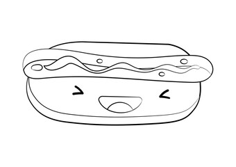 Outline Style cute Hot Dog vector icon  isolated on white background. Cartoon Sticker. Kawaii smiling food illustration. Flat cartoon outline style. Coloring page.