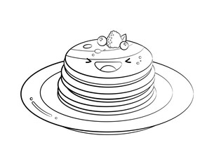Outline Style cute Pancakes vector icon isolated on white background. Cartoon Sticker. Kawaii smiling food illustration. Flat cartoon outline style. Coloring page.