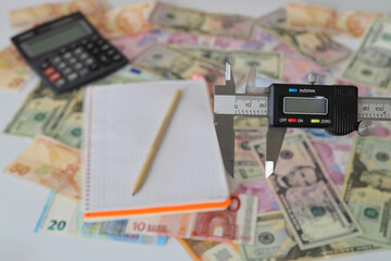 Turkish Lira banknotes of various color, pattern and value on white background With caliper. Selective focus. 
