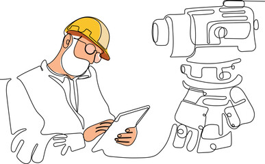 Close up of young Caucasian worker with helmet on head using tablet for work while standing in warehouse. Surveyor with a tripod icon. Geodesic tripod. Vector illustration