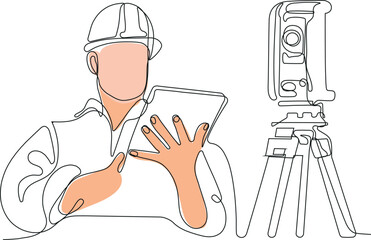 Close up of young Caucasian worker with helmet on head using tablet for work while standing in warehouse. Surveyor with a tripod icon. Geodesic tripod. Vector illustration