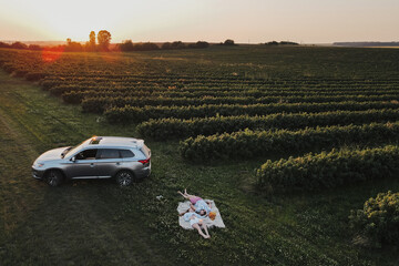 Aerial shot couple enjoying picnic on road trip in the field, man and woman lying on a blanket near the SUV car at sunset