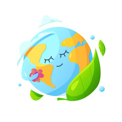 Fototapeta na wymiar The planet cartoon with earth globe, green leaves, water drops isolated on a white background. Happy earth day. Global Warming and Climate Change Concept.