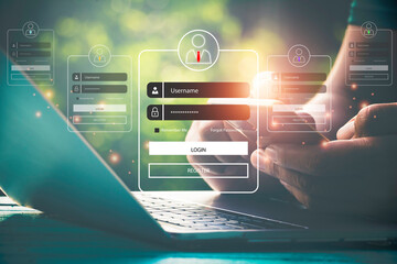 User typing login and password.Hand man use mobile phone for  log in to enter login and password.sign in page,User profile,Information privacy,Internet.photo Cyber protection and technology concept.
