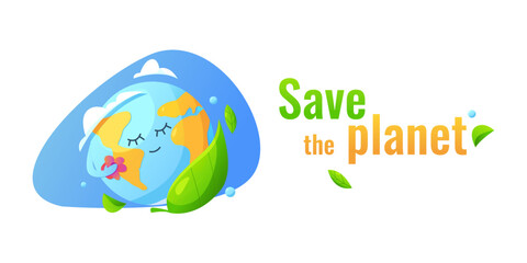 Save the Planet cartoon with Earth globe, green leaves, water drops isolated on a white background. Global Warming and Climate Change Concept.