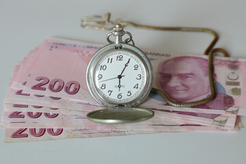 Turkish lira and old clock. Selective Focus. 