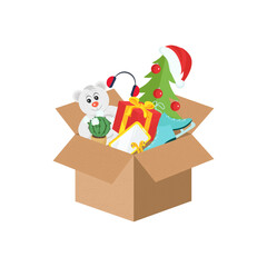 An open box with New Year's gifts. Christmas tree, bear, phone. Vector illustration