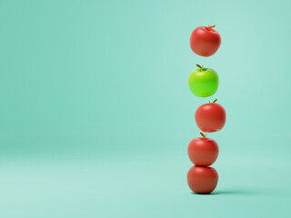 One green apple and four red apples arranged vertically in a blue-green space - obrazy, fototapety, plakaty