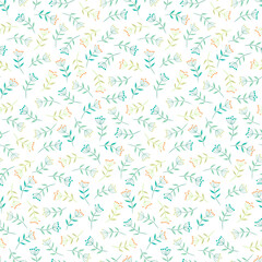 Green herbs seamless pattern. Leaves, wildflowers and berries. Vector illustration with different plants and branches on white background.