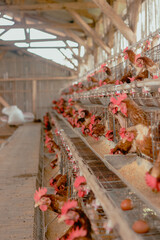 Eggs chicken farm, Chickens in battery cages laying eggs	