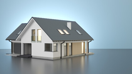 Single-family house illustration on background with empty space. 3D illustration