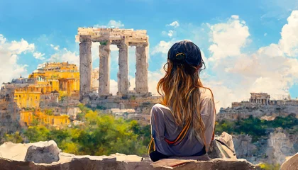 Fotobehang 3D Render digital art painting of Traveler girl enjoying vacations in Greece. Young woman looking at Acropolis. Decoration for the interior. Modern abstract canvas art. vintage © Fokasu Art