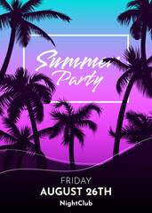 Summer tropical night background with palm trees silhouette, sky and red sunset. Music cocktails party poster, flyer, invitation card. Summer vacation. Hawaiian style neon template design.