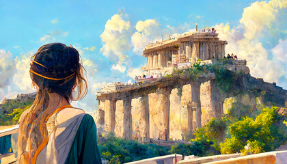 3D Render digital art painting of Traveler girl enjoying vacations in Greece. Young woman looking at Acropolis. Decoration for the interior. Modern abstract canvas art. vintage - obrazy, fototapety, plakaty