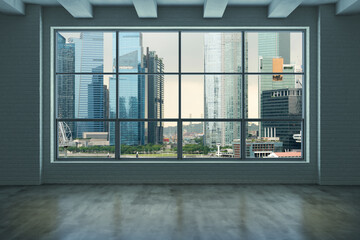 Fototapeta premium Downtown Singapore City Skyline Buildings from High Rise Window. Beautiful Expensive Real Estate overlooking. Empty room Interior Skyscrapers View. Sunset. 3d rendering.