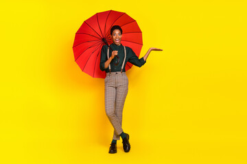 Excited female guy protect parasol rain drop fall wear unisex fashion stylish trendy shirt isolated...