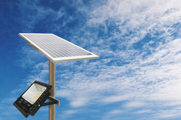 Electric light solar panel for park LED lamp with cloundy blue sky background