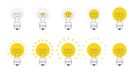 Light bulb animation. Minimalistic light turn on animated frame sequence for good idea and brainstorm concept. Vector thought symbol video effect