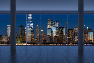 Fototapeta na wymiar Downtown New York City Lower Manhattan Skyline Buildings. High Floor Window. Beautiful Expensive Real Estate. Empty room Interior Skyscrapers View Cityscape. Financial district. Night. 3d rendering.