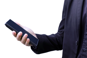 Business man person hold mock up phone in hand on transparent background png file