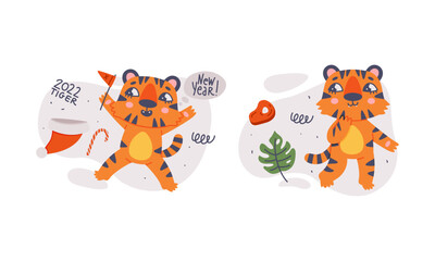 Cute baby tigers set. Funny orange striped jungle wildcat character celebrating New Year cartoon vector illustration