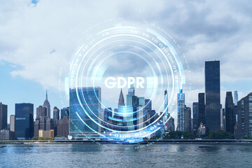 New York City skyline, United Nation headquarters over the East River, Manhattan, Midtown at day time, NYC, USA. GDPR hologram, concept of data protection, regulation and privacy for all individuals