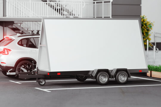 Mobile Billboard Advertising Trailer Mockup. 3D Rendering