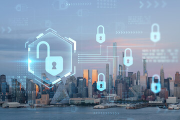 Fototapeta na wymiar New York City skyline from New Jersey over Hudson River, Midtown Manhattan skyscrapers at sunset, USA. The concept of cyber security to protect confidential information, padlock hologram