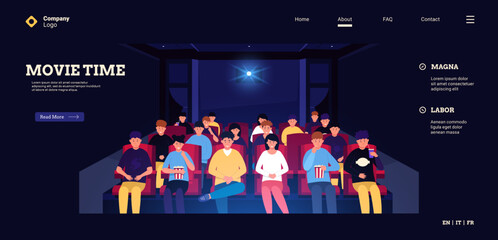 People in cinema landing. Web page template of cartoon graphic with people watching movie in dark cinema room. Vector starting page illustration of movie theater
