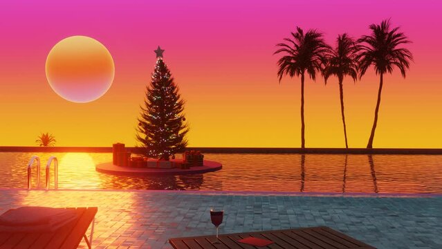 Christmas vacation at the pool on a tropical island concept. 3d Synthwave animated background. Seamless loop.