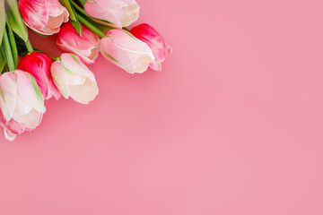 Fototapeta na wymiar Bouquet of pink tulips flowers on pastel pink background
