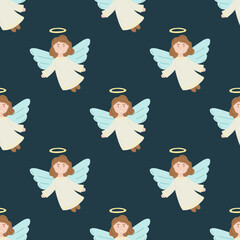 Seamless pattern with an angel on a dark green background. Flat vector illustration