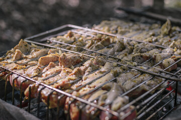 Delicious meat cooked in a grill over burning coals