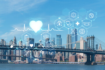 Brooklyn and Manhattan bridges with New York City financial downtown skyline panorama at day time...