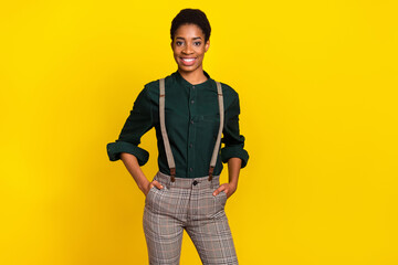 Photo of confident female male worker smart wear plaid overall shirt isolated shine color background