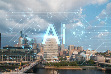 Fototapeta na wymiar Aerial panorama city view of Philadelphia financial downtown at day time, Pennsylvania, USA. Hologram of Artificial Intelligence concept. AI and business, machine learning, neural network, robotics