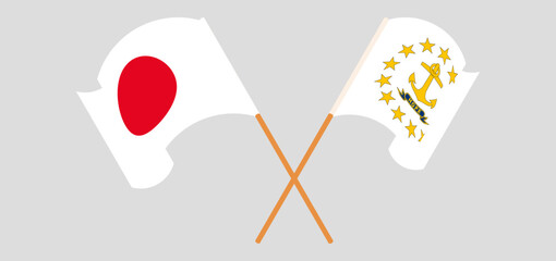 Crossed and waving flags of Japan and the State of Rhode Island