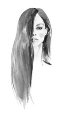 Watercolor fashion female portrait. Hand drawn young woman with long hair. Painting isolated illustration on white background. - 524068500