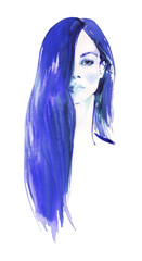 Watercolor fashion female portrait. Hand drawn young woman with long blue hair. Painting isolated illustration on white background. - 524068501