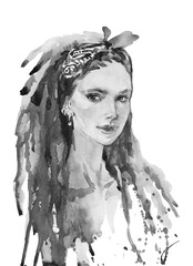 Watercolor female portrait. Hand drawn young woman with dreadlocks and long hair. Painting isolated illustration on white background. - 524068504
