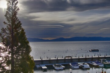Panoramic view of boats on the port of Lake Tahoe